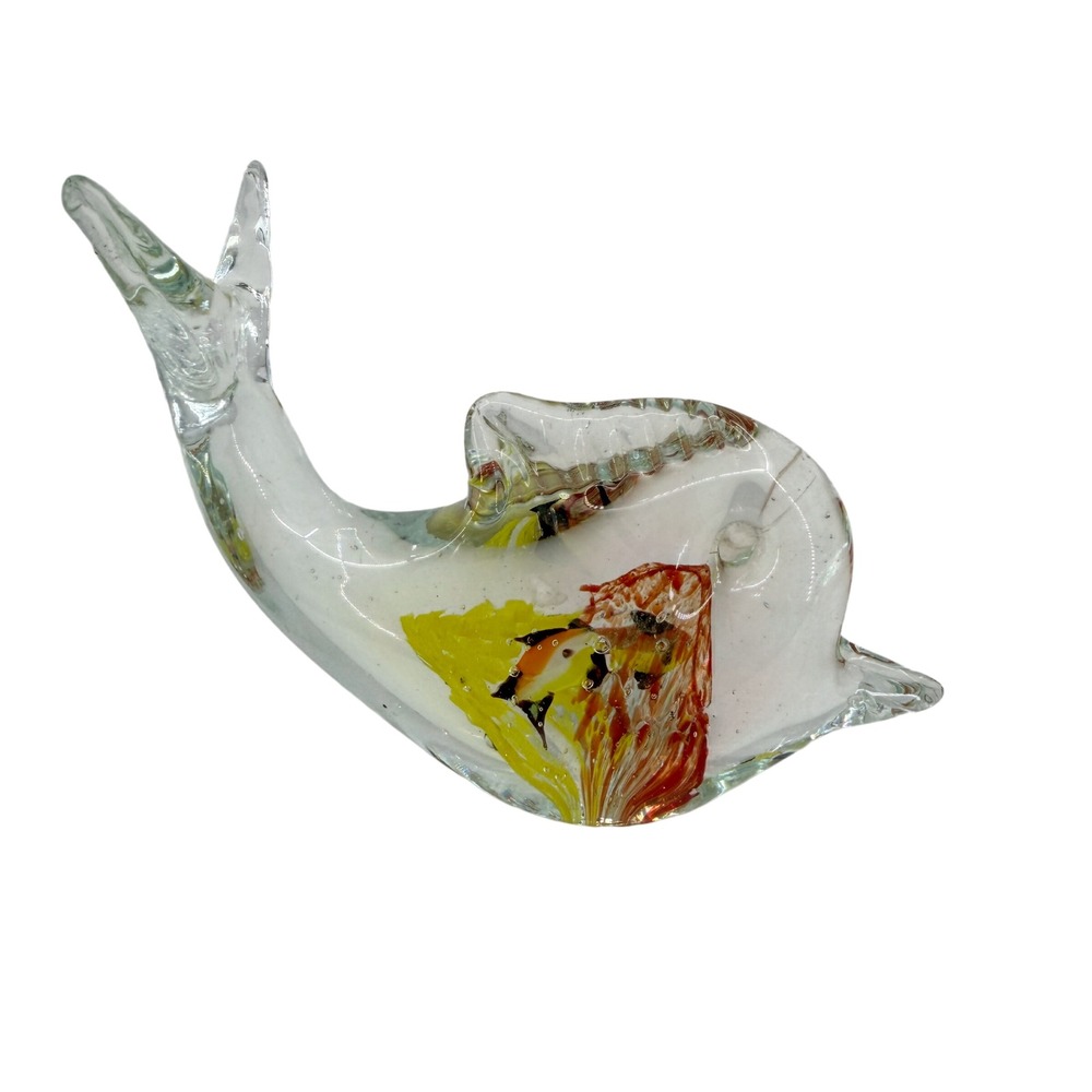 Paperweight Art Glass Dolphin Figurine Clear Multi Hand Blown Sculpture